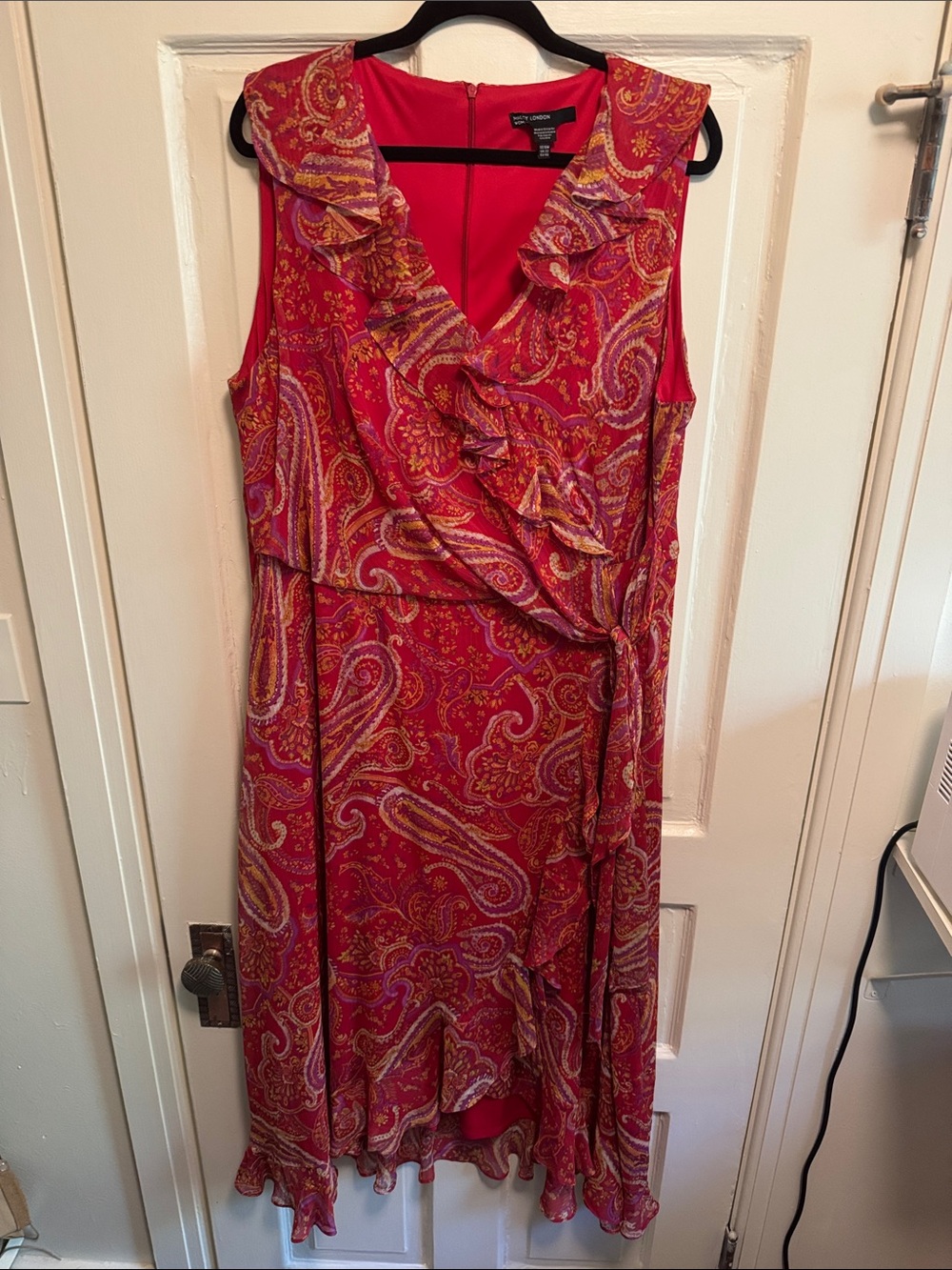 Maggy London Red Paisley Ruffle Wrap Midi Dress